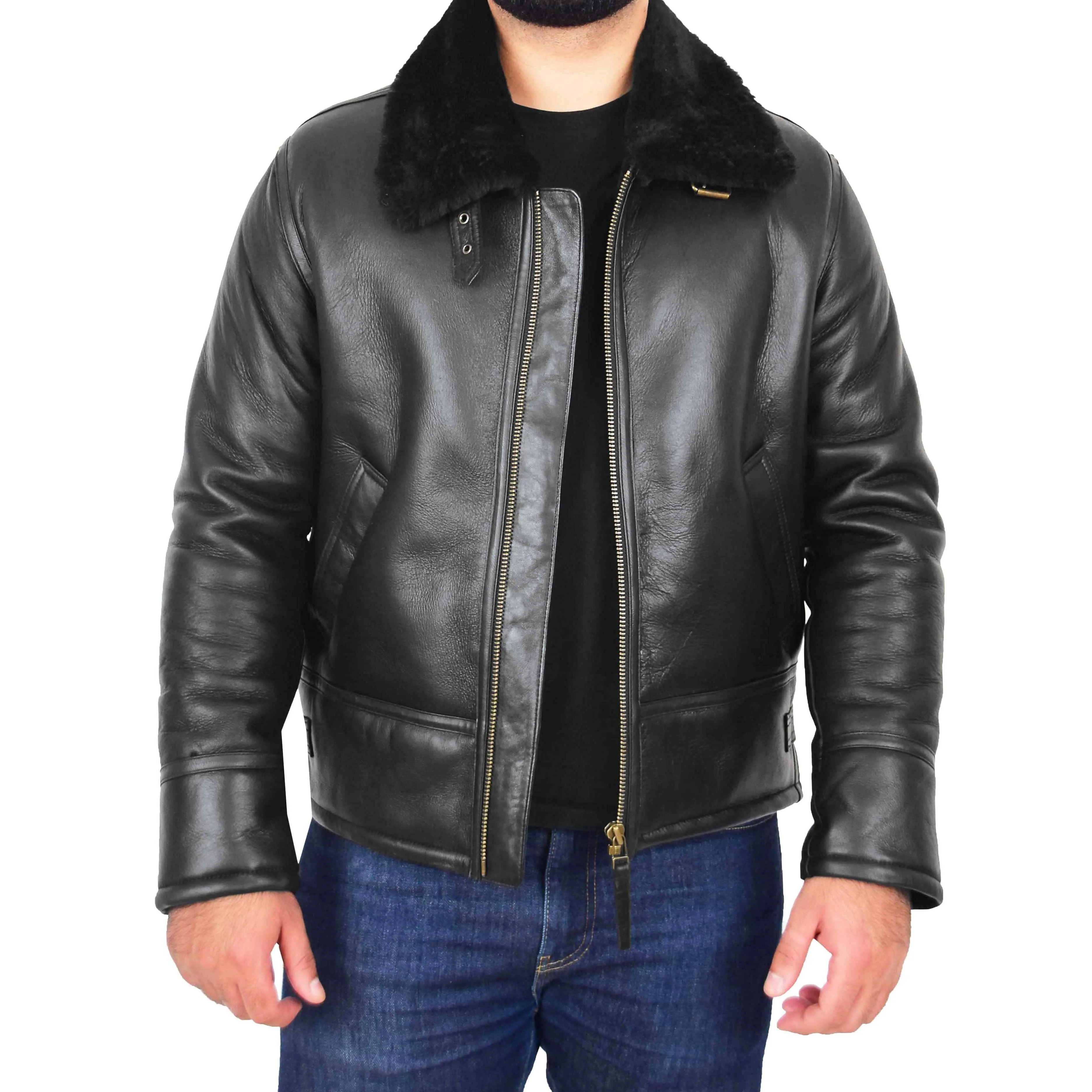 Mens Original Sheepskin Flying Jacket B3 Bomber Aviator Pilots Shearling Coat Raptor Black