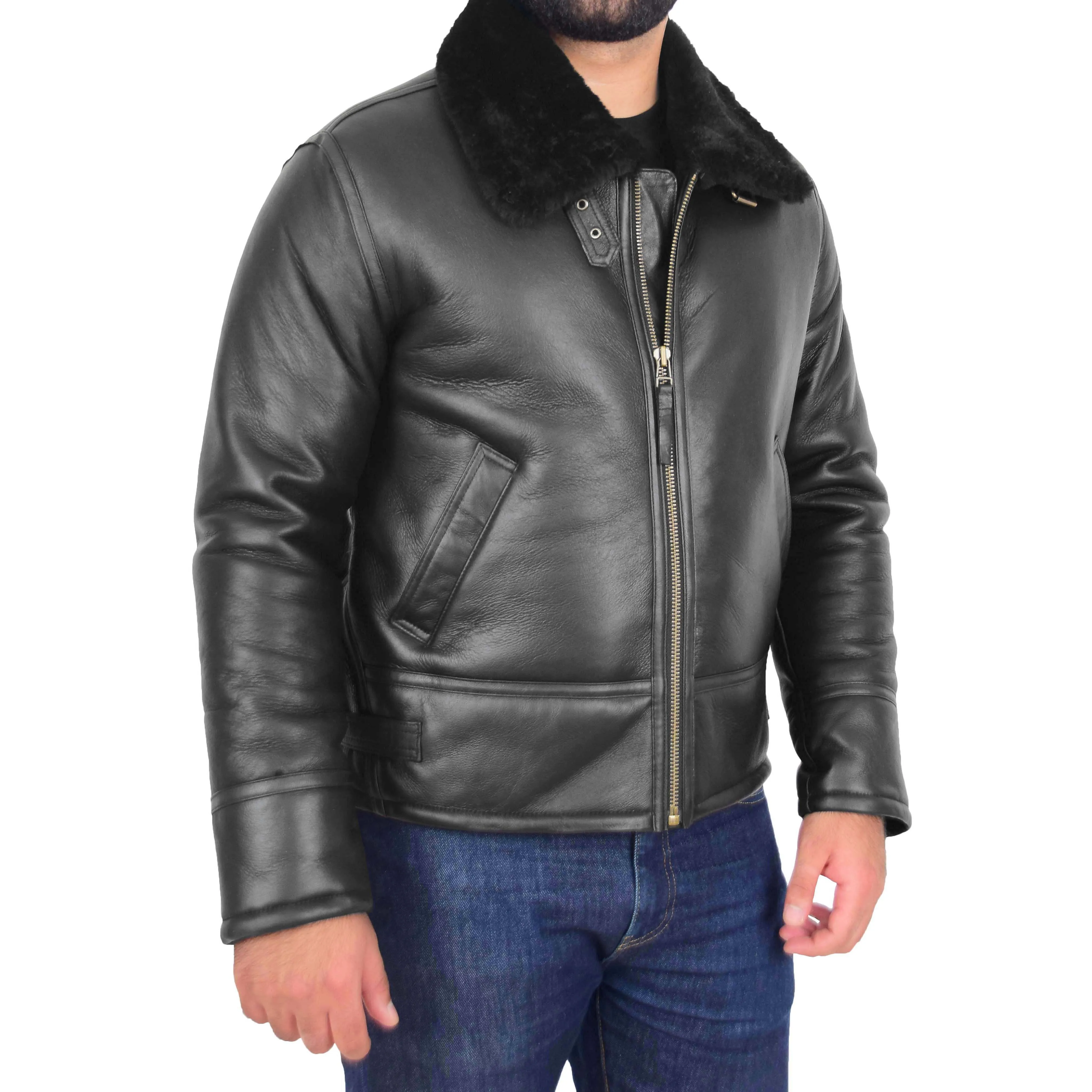 Mens Original Sheepskin Flying Jacket B3 Bomber Aviator Pilots Shearling Coat Raptor Black