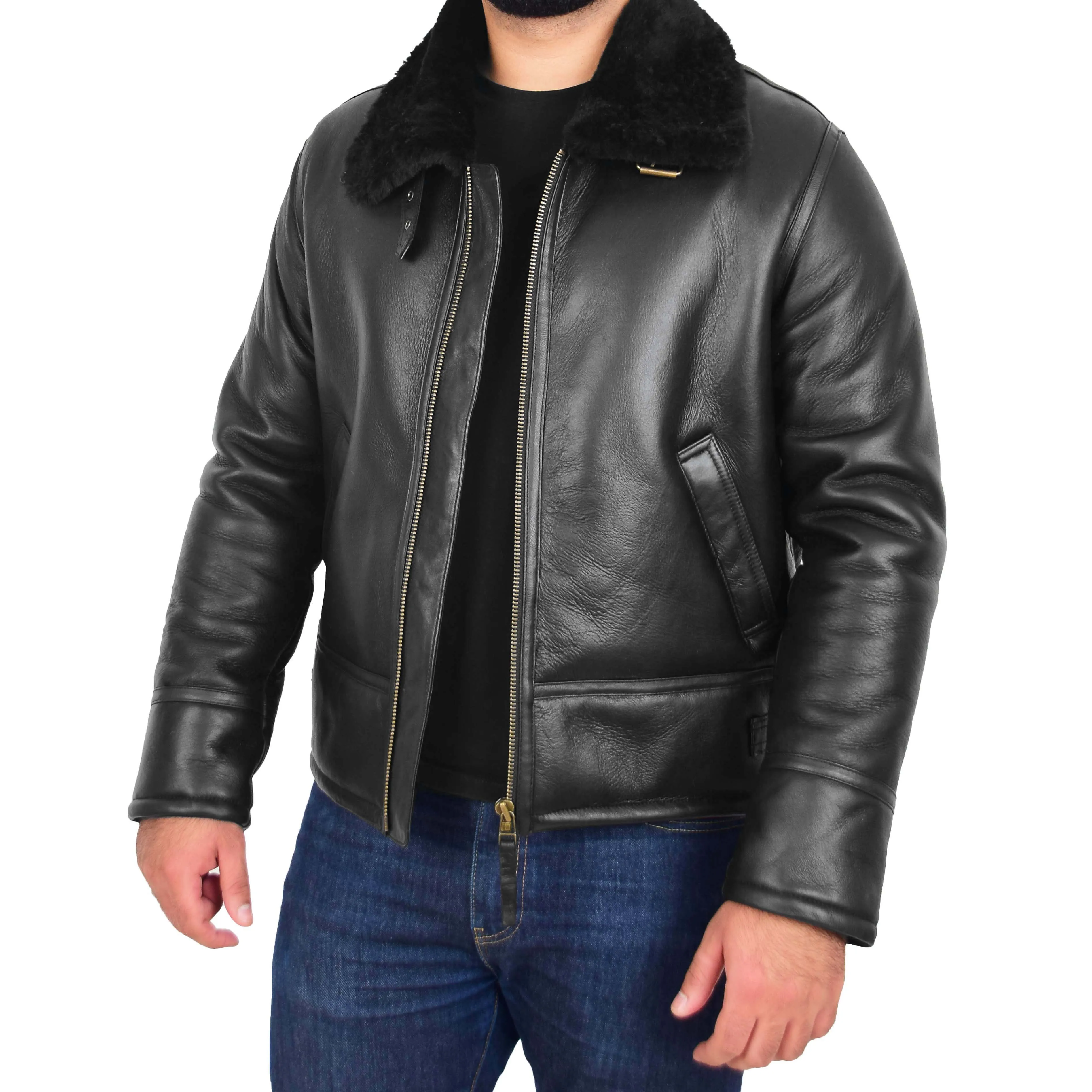 Mens Original Sheepskin Flying Jacket B3 Bomber Aviator Pilots Shearling Coat Raptor Black