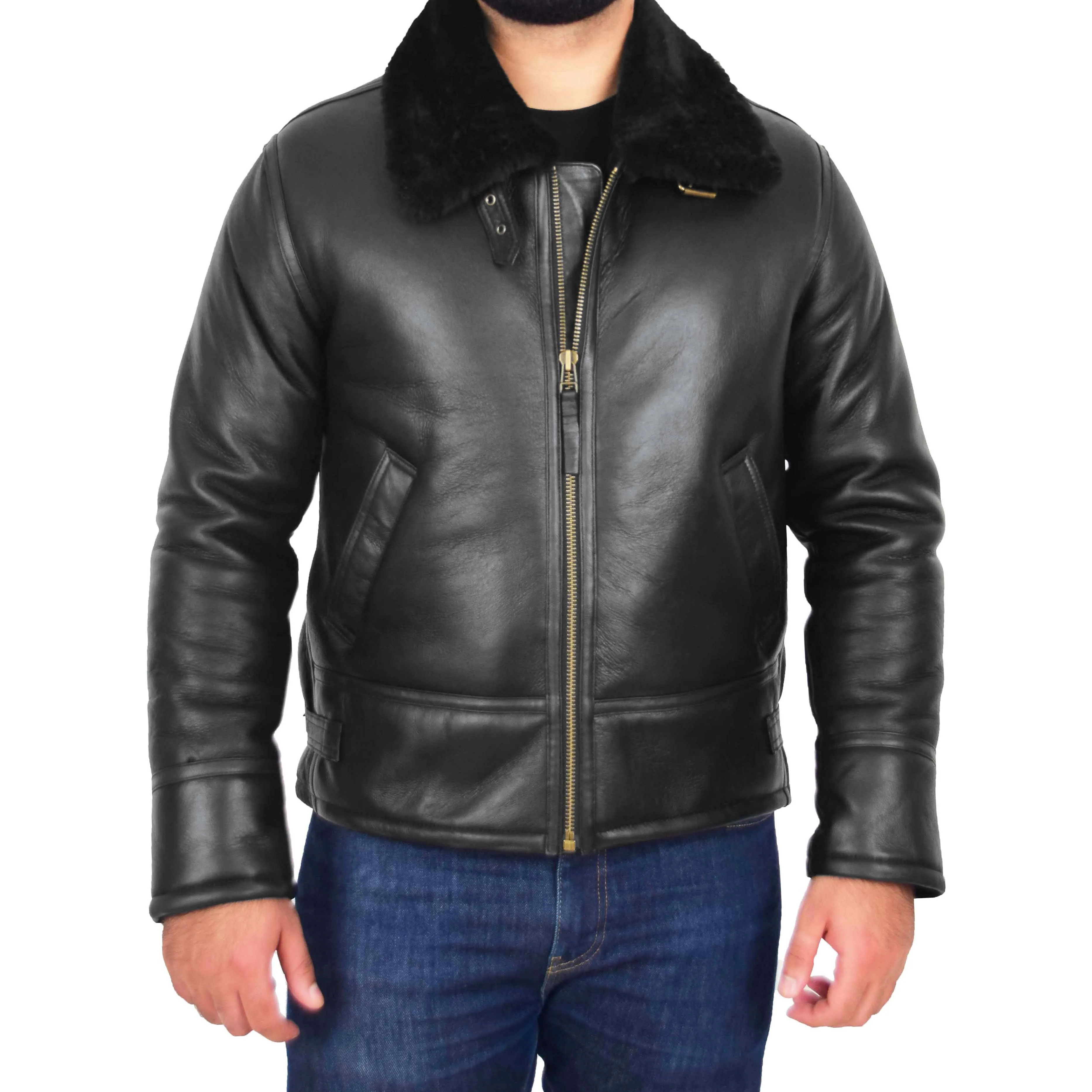 Mens Original Sheepskin Flying Jacket B3 Bomber Aviator Pilots Shearling Coat Raptor Black