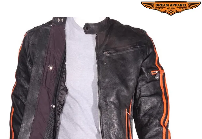 Mens Racing Leather Motorcycle Jacket With Orange Stripes