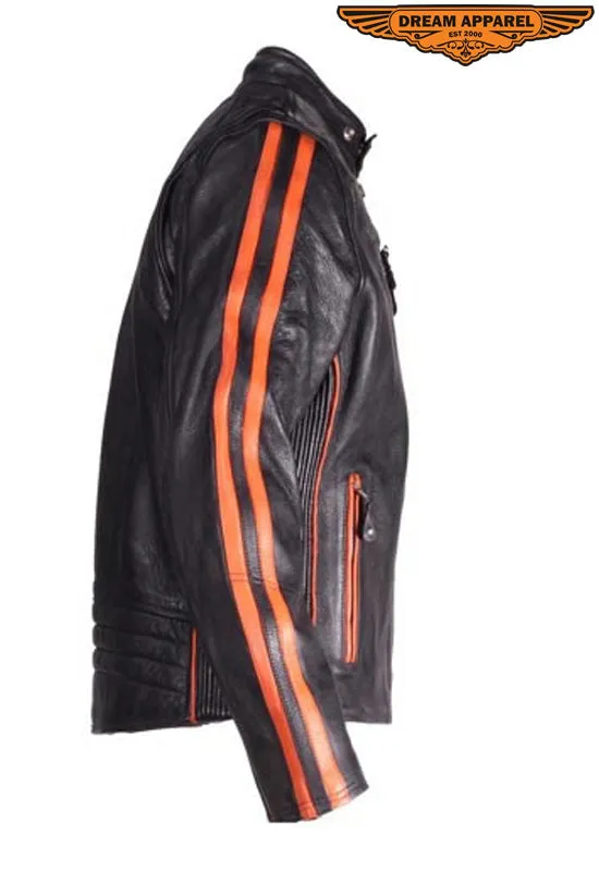 Mens Racing Leather Motorcycle Jacket With Orange Stripes