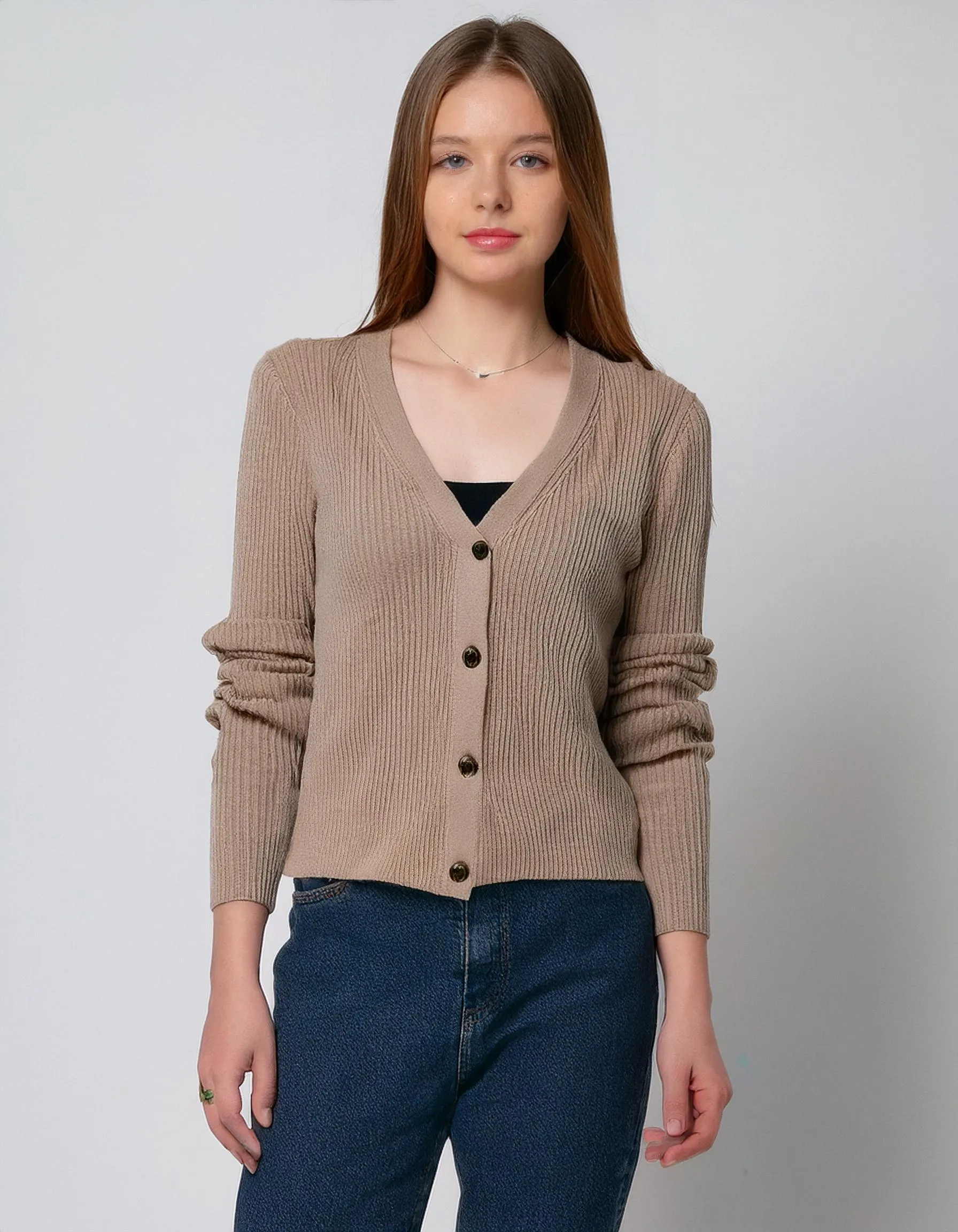 Oatmeal V-Neck Button-Up Cardigan