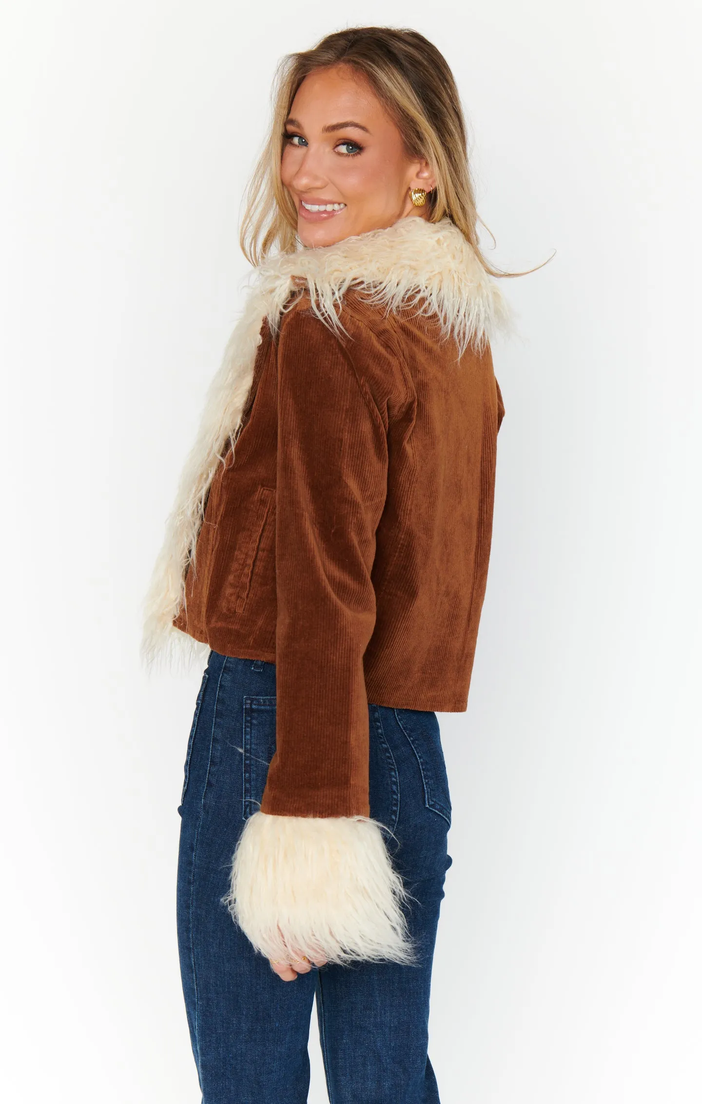 Penny Lane Cropped Coat ~ Saddle Brown Cord w/Faux Fur