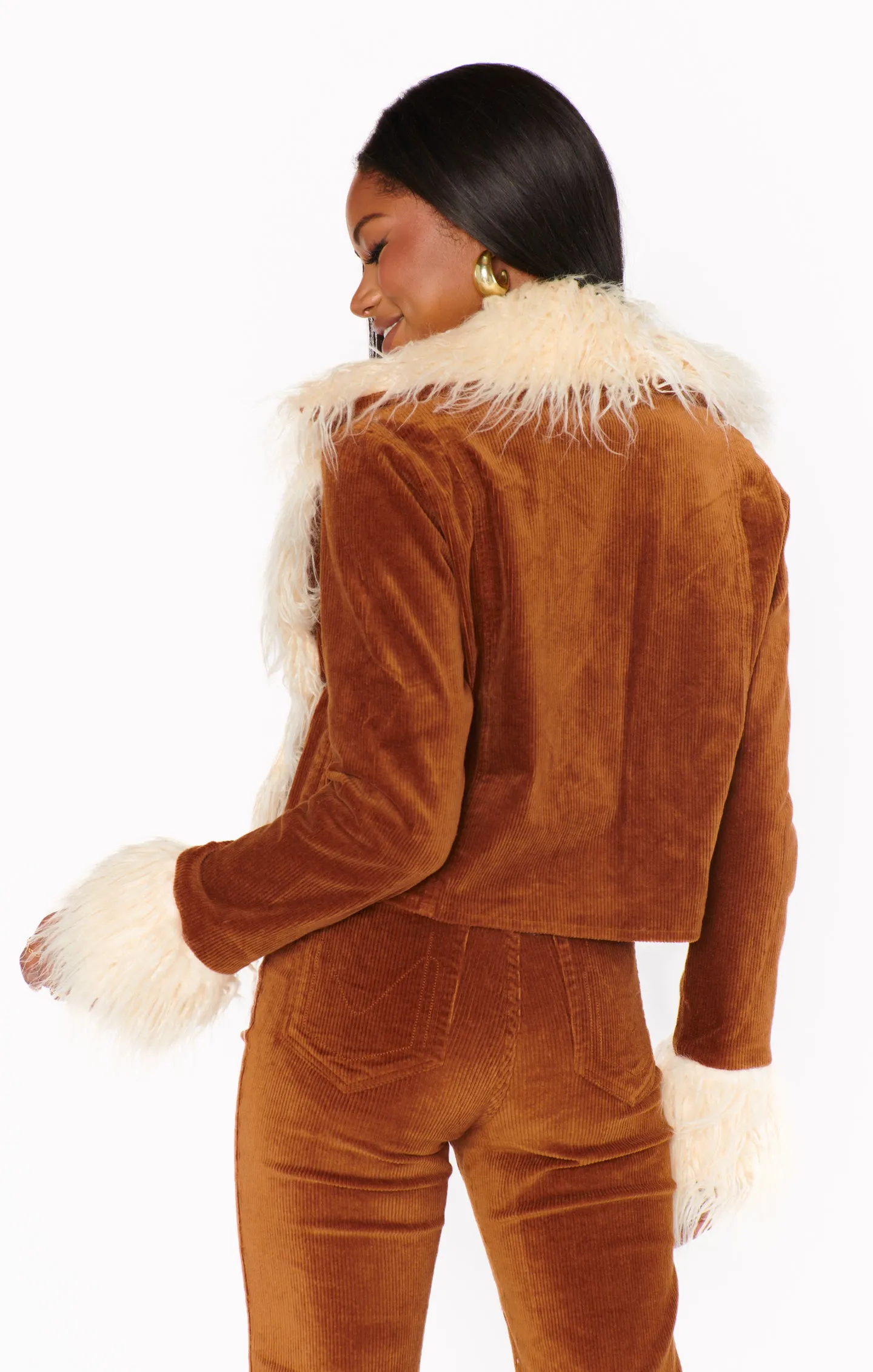 Penny Lane Cropped Coat ~ Saddle Brown Cord w/Faux Fur