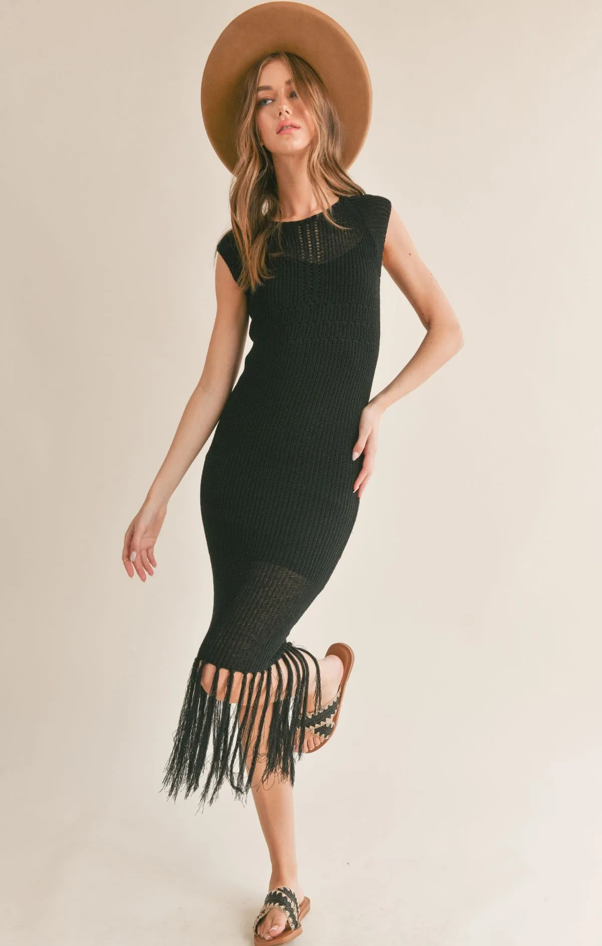 Sage the Label Mila Knitted Fringe Hem Midi Dress with Lining in Black