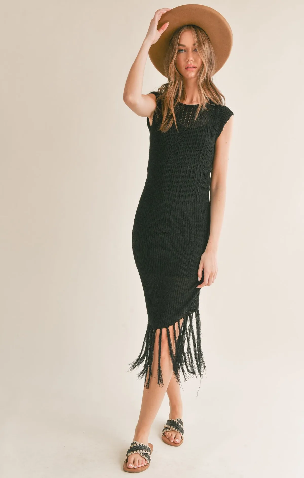 Sage the Label Mila Knitted Fringe Hem Midi Dress with Lining in Black